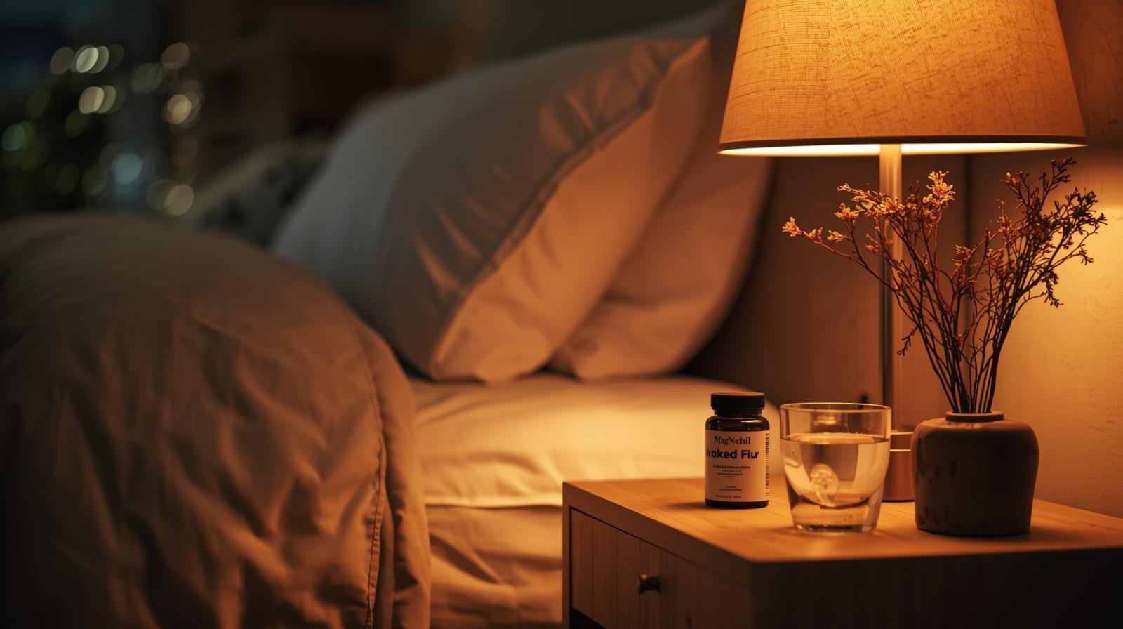 Best magnesium for sleep supplements on a bedside table with warm night lighting