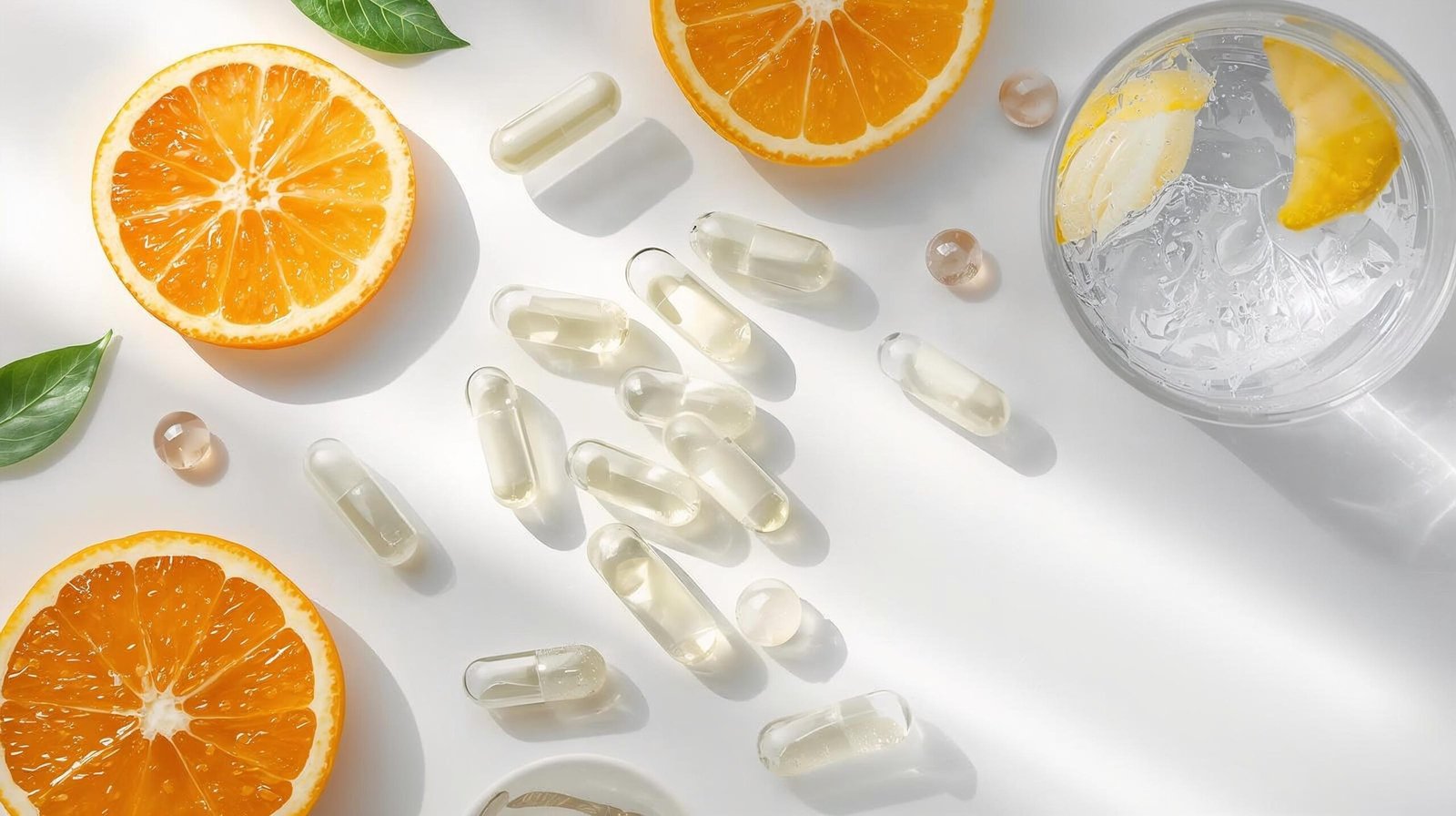 Magnesium citrate supplement capsules with citrus slices and a glass of water